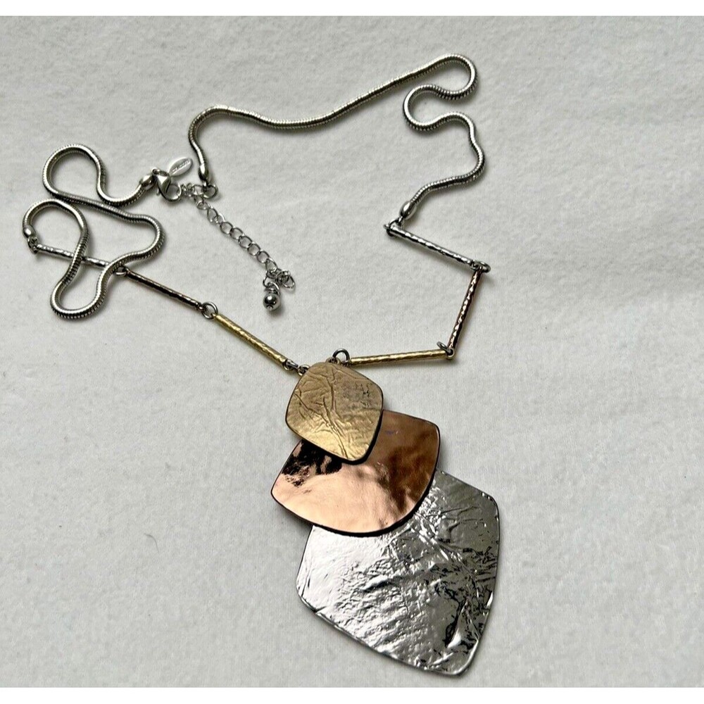 Chico's Metal Mixed Media Statement Necklace Adjustable, Silver, Copper, Brass